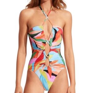 SEAFOLLY Tropfest Lace Up Bandeau Maillot One Piece Swimsuit